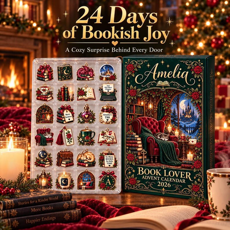 Personalized Book Lover Advent Calendar, Christmas Ornament Set, 24 Days Reading Countdown