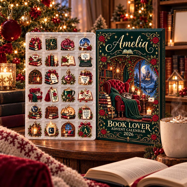 Personalized Book Lover Advent Calendar, Christmas Ornament Set, 24 Days Reading Countdown
