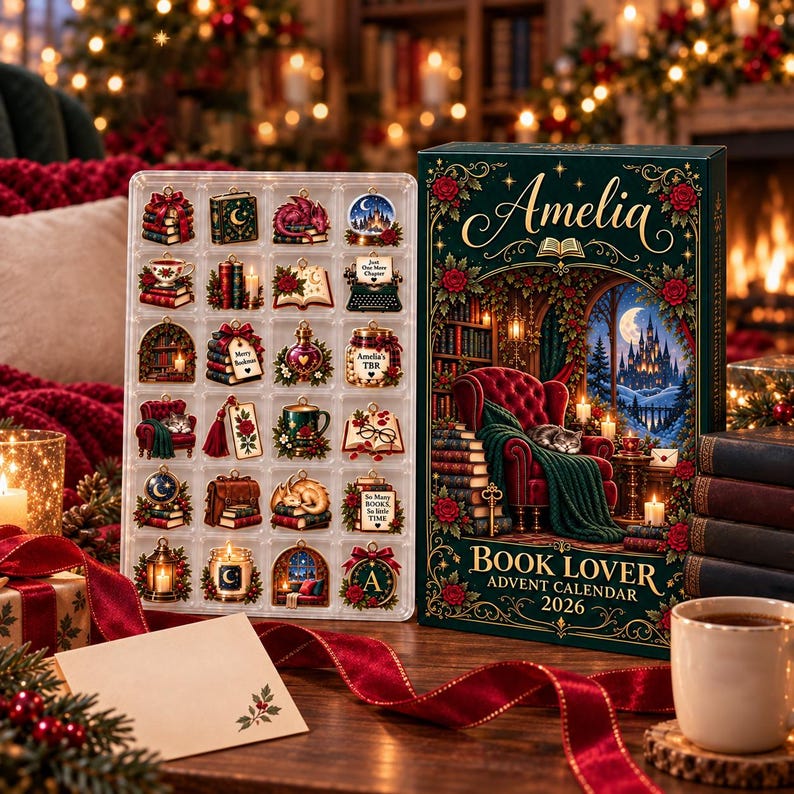 Personalized Book Lover Advent Calendar, Christmas Ornament Set, 24 Days Reading Countdown