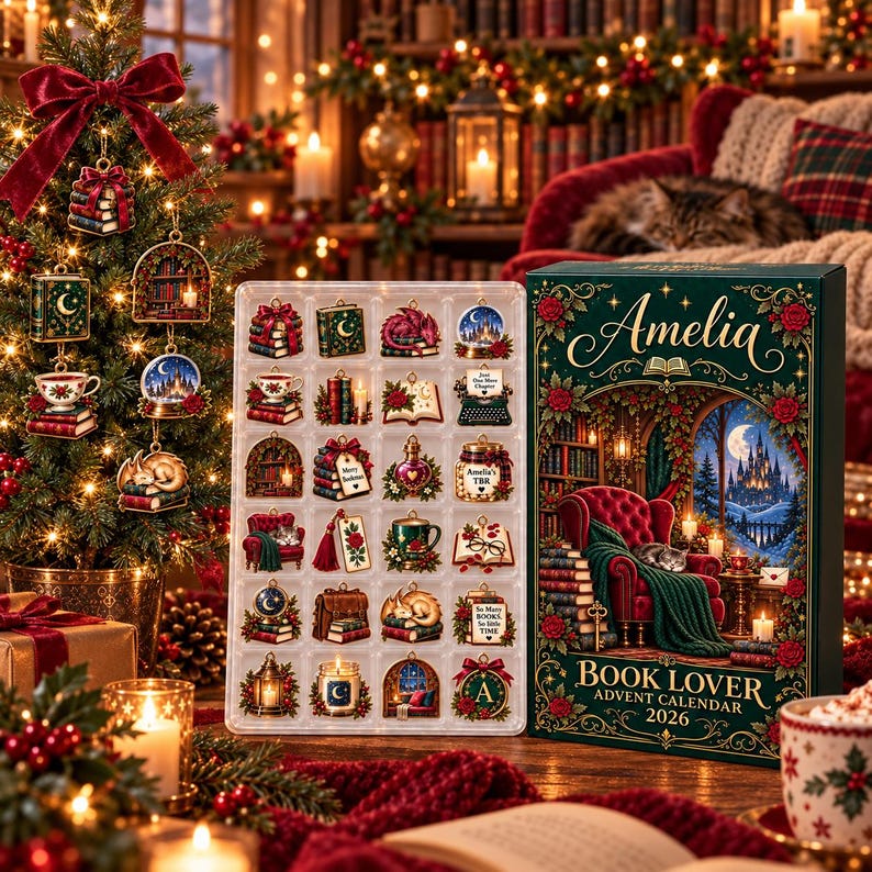 Personalized Book Lover Advent Calendar, Christmas Ornament Set, 24 Days Reading Countdown