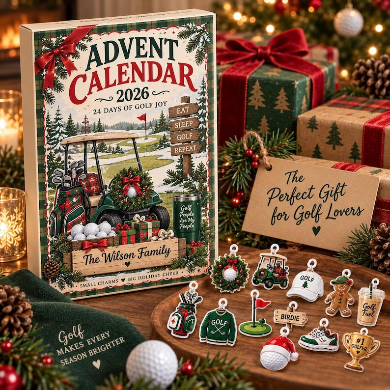 Personalized Golf Advent Calendar 2026, Custom Family Countdown Box, 24 Acrylic Charms Set
