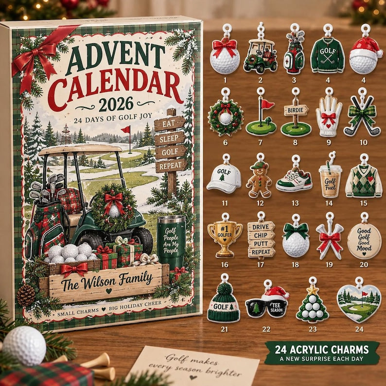 Personalized Golf Advent Calendar 2026, Custom Family Countdown Box, 24 Acrylic Charms Set