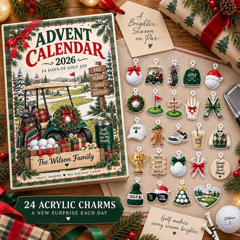 Personalized Golf Advent Calendar 2026, Custom Family Countdown Box, 24 Acrylic Charms Set