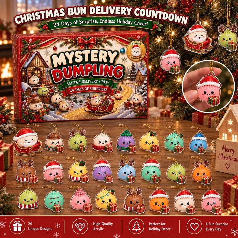 Dumpling Advent Calendar 2026, 24 Days Christmas Countdown, 24 Acrylic Ornaments, Holiday Decor