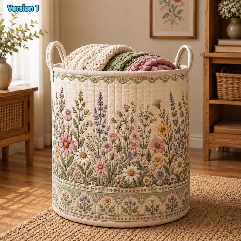 Wildflower Quilted Laundry Basket, Blossom Floral Clothes Hamper, Gift For Mom