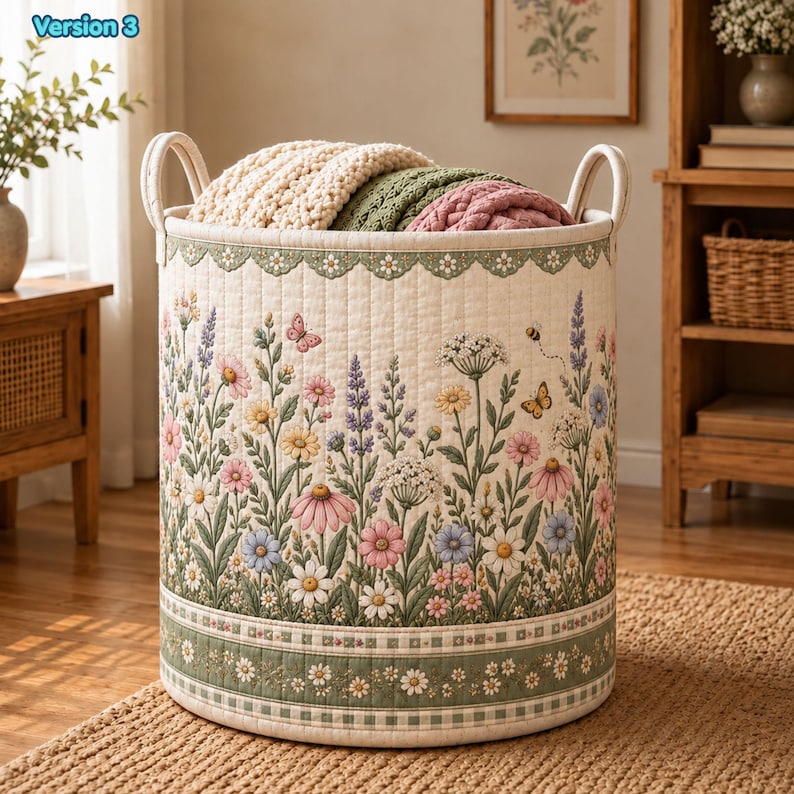 Wildflower Quilted Laundry Basket, Blossom Floral Clothes Hamper, Gift For Mom