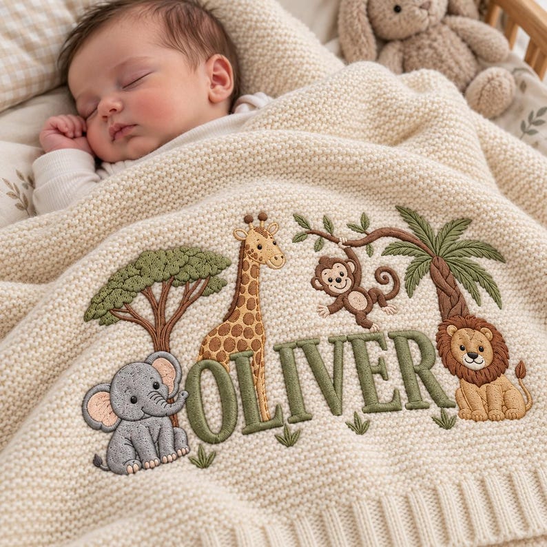 Personalized Embroidered Lion Baby Blanket Name, Custom Name Knit Giraffe Safari Newborn Gift
