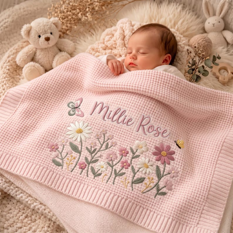 Personalized Floral Embroidered Baby Blanket, Custom Name Throw, Welcome Baby Blanket, Nursery Keepsake