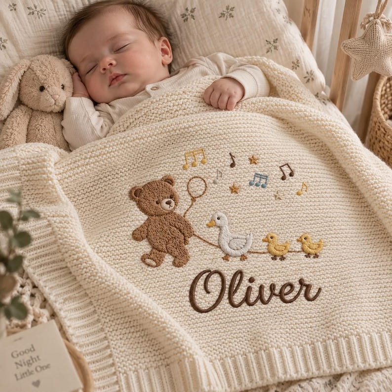 Personalized Teddy Bear Baby Blanket, Embroidered Name Blanket, Duck Baby Gift, Custom Newborn Gift