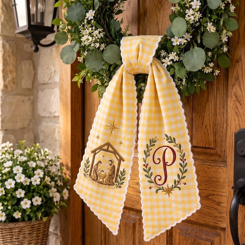 Personalized Embroidered Nativity Wreath Sash, Nativity Monogram Wreath Bow, Christmas Front Door Decor Gift