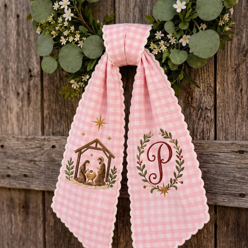 Personalized Embroidered Nativity Wreath Sash, Nativity Monogram Wreath Bow, Christmas Front Door Decor Gift