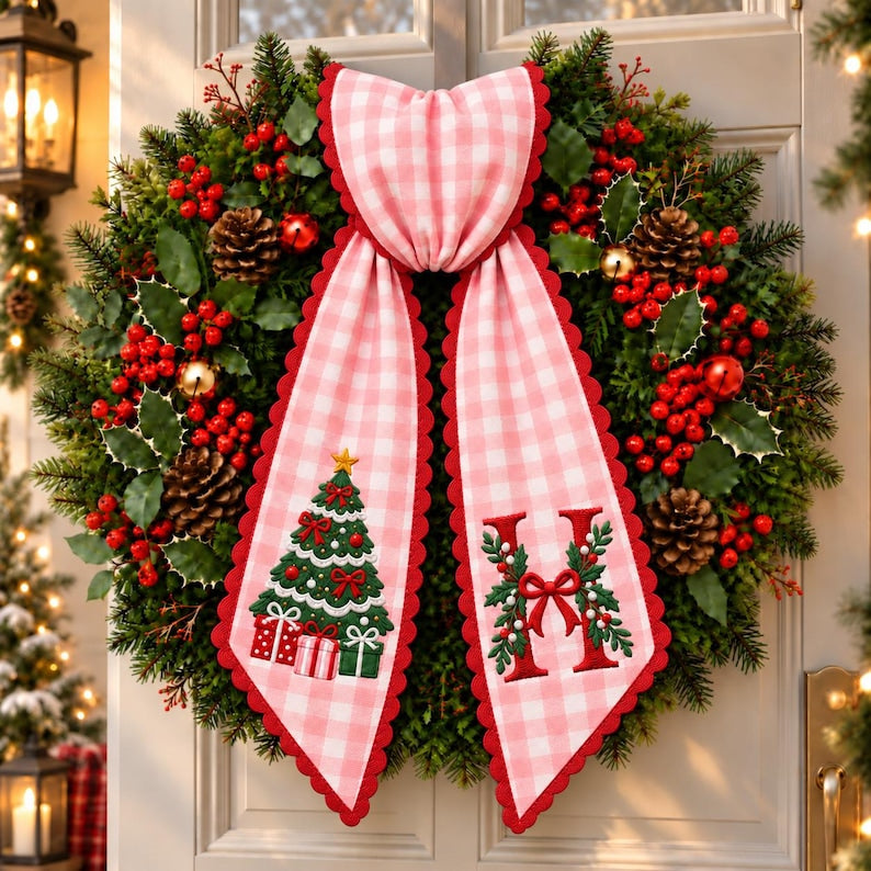 Personalized Christmas Wreath Sash, Embroidered Monogram Tree Bow Gift for Family Housewarming, Pink Gingham Porch Door Decor