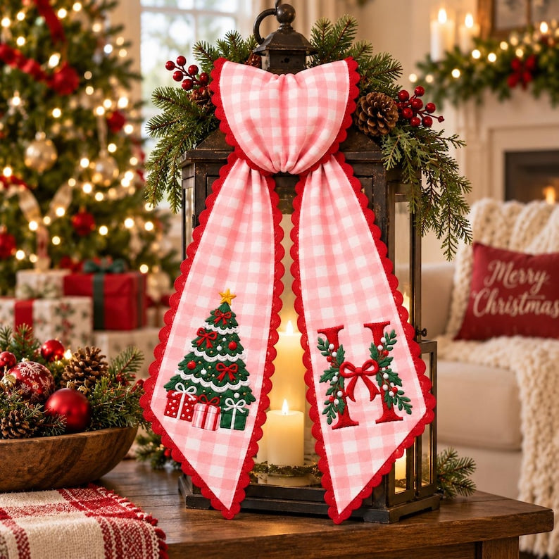 Personalized Christmas Wreath Sash, Embroidered Monogram Tree Bow Gift for Family Housewarming, Pink Gingham Porch Door Decor