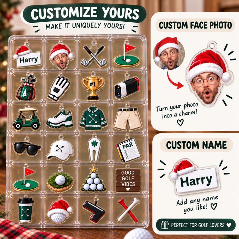 Golf Advent Calendar, Personalized Christmas Gift for Golfer, Custom Name Photo Keychain