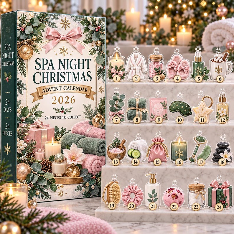 Spa Night Christmas Advent Calendar 2026, 24 Acrylic Ornament Countdown, Self Care Holiday Gift for Her