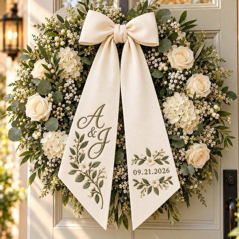 Personalized Embroidered Wreath Sash, Custom Monogram Wedding Door Bow, Wedding Wreath Decor