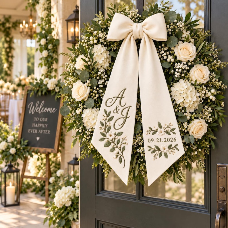 Personalized Embroidered Wreath Sash, Custom Monogram Wedding Door Bow, Wedding Wreath Decor