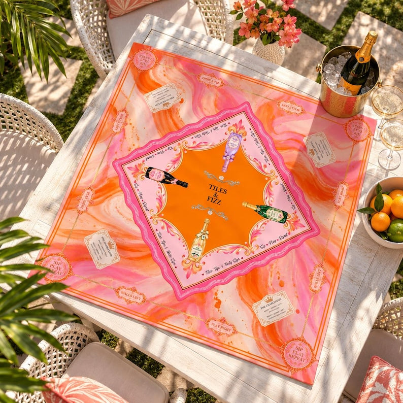 Tiles & Fizz Champagne Mahjong Mat, Preppy Pink Orange Instructional Game Mat, Non Slip American Mahjong Table Cover