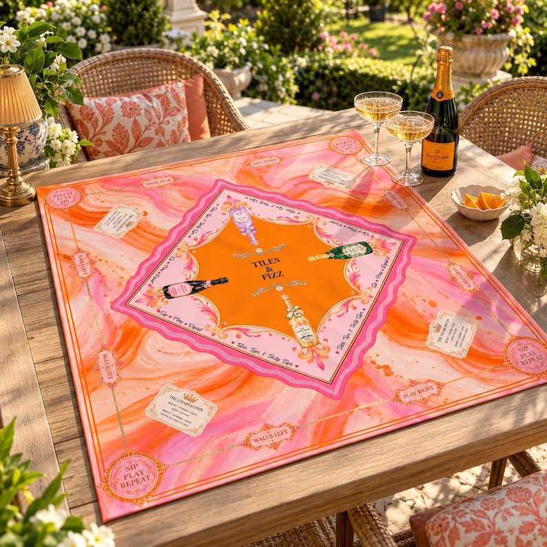 Tiles & Fizz Champagne Mahjong Mat, Preppy Pink Orange Instructional Game Mat, Non Slip American Mahjong Table Cover