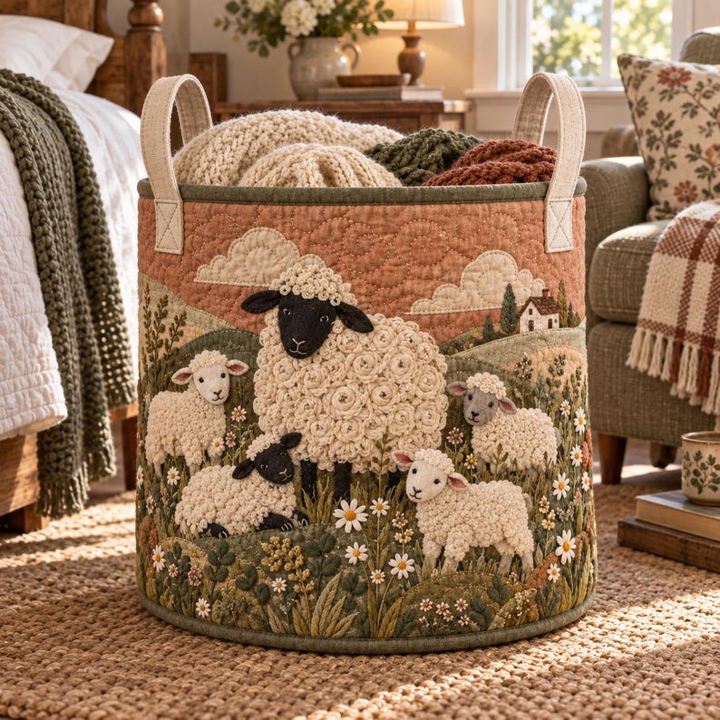 Fluffy Sheep Quilted Laundry Basket, Farmhouse Storage Hamper