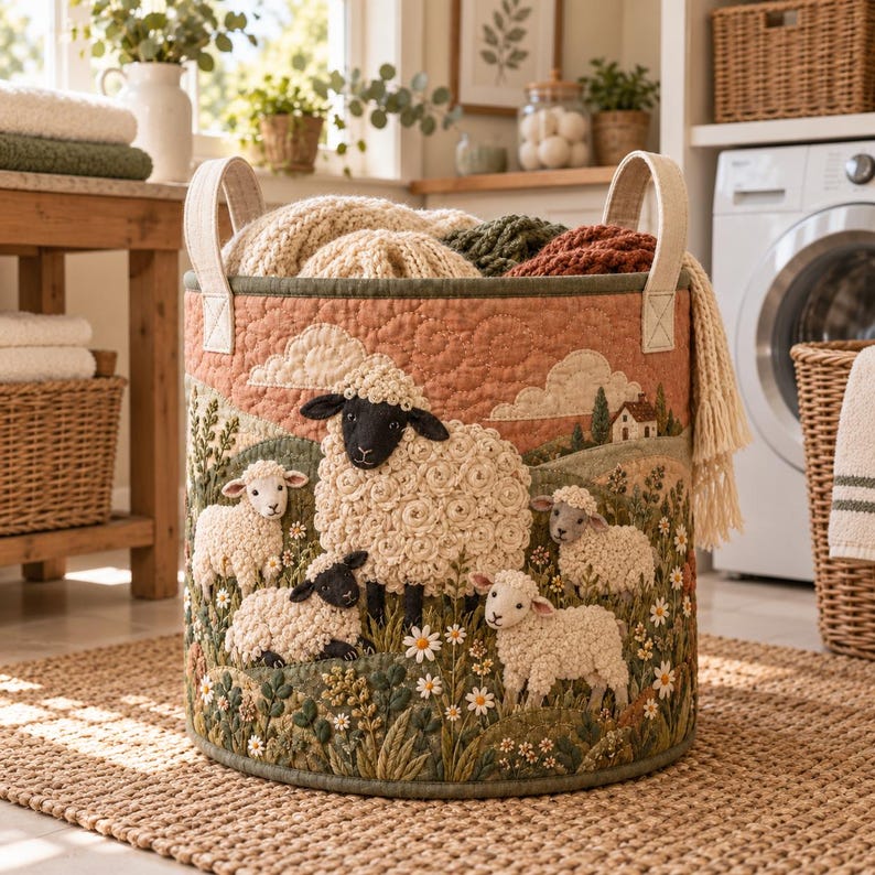 Fluffy Sheep Quilted Laundry Basket, Farmhouse Storage Hamper