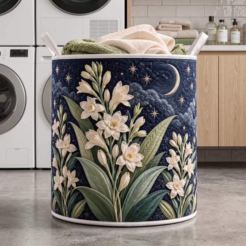 Tuberose Star Fog Quilted Laundry Basket, Night Sky Star Storage Bin, Elegant Flower Hamper