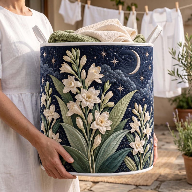 Tuberose Star Fog Quilted Laundry Basket, Night Sky Star Storage Bin, Elegant Flower Hamper