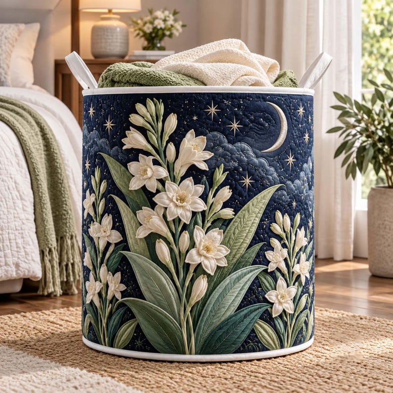 Tuberose Star Fog Quilted Laundry Basket, Night Sky Star Storage Bin, Elegant Flower Hamper