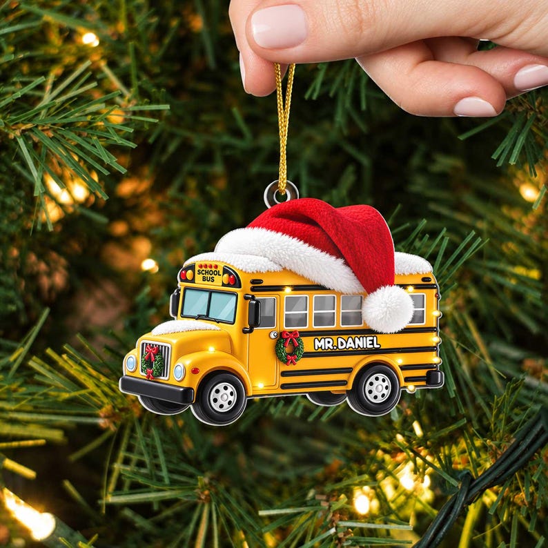 School Bus With Santa Hat, Personalized 2D Flat School Bus Christmas Ornament, Custom Name Bus Driver Gift