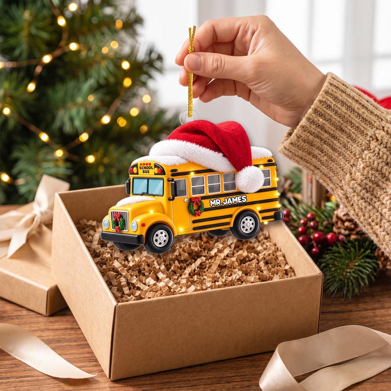 School Bus With Santa Hat, Personalized 2D Flat School Bus Christmas Ornament, Custom Name Bus Driver Gift