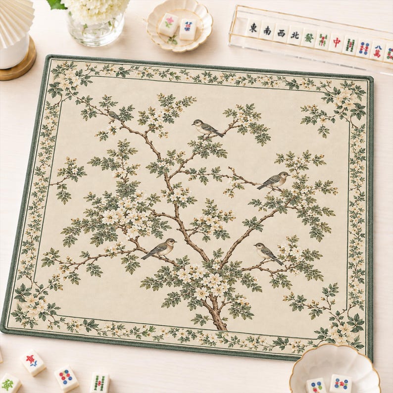 Vintage Bird Mahjong Mat, Sage Green Botanical Game Night Gift, American Mahjong Gift