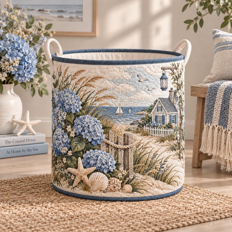 Coastal Hydrangea Quilt Hamper, Beach House Storage Basket, Blue Floral Laundry Hamper, Quilted Coastal Decor