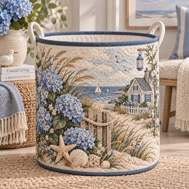 Coastal Hydrangea Quilt Hamper, Beach House Storage Basket, Blue Floral Laundry Hamper, Quilted Coastal Decor