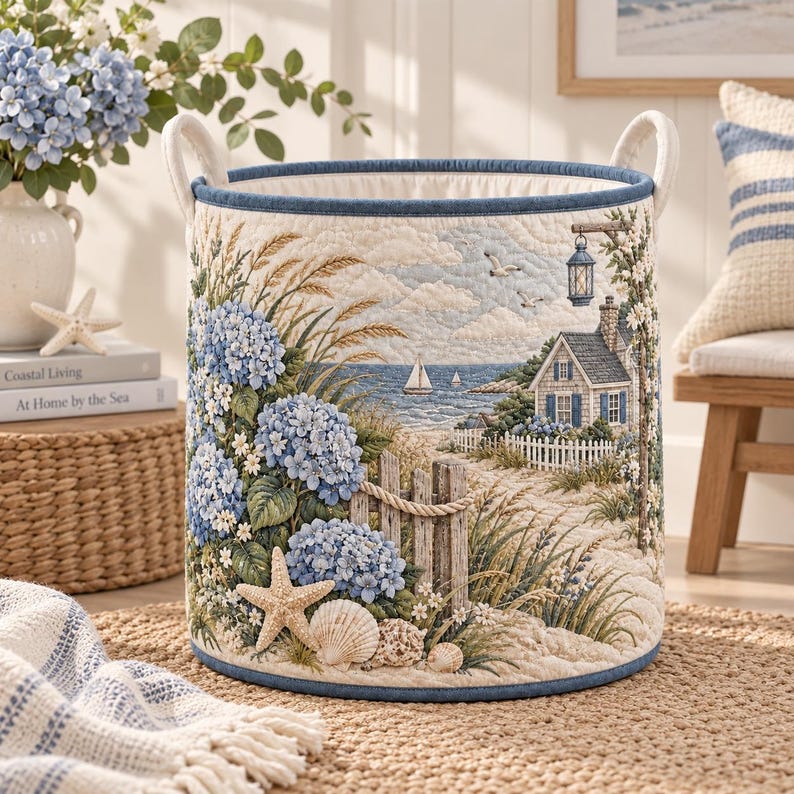 Coastal Hydrangea Quilt Hamper, Beach House Storage Basket, Blue Floral Laundry Hamper, Quilted Coastal Decor