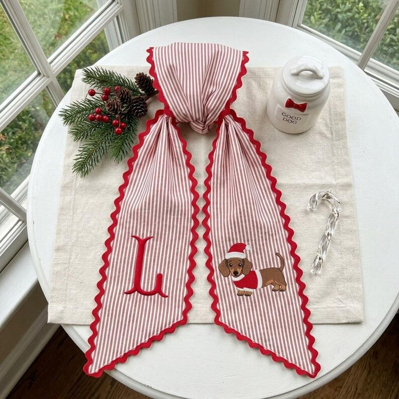 Personalized Christmas Wreath Sash, Monogram Dachshund Dog Embroidered Wreath Bow, Red Stripe Holiday Door Decor