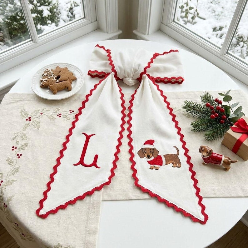Personalized Christmas Wreath Sash, Monogram Dachshund Dog Embroidered Wreath Bow, Red Stripe Holiday Door Decor