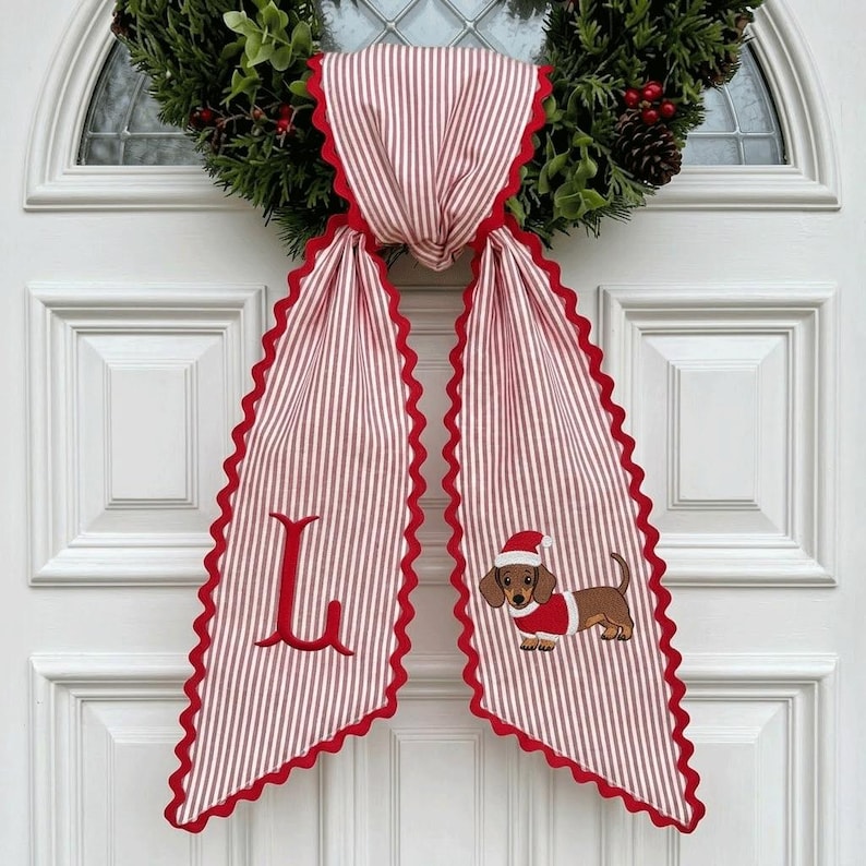 Personalized Christmas Wreath Sash, Monogram Dachshund Dog Embroidered Wreath Bow, Red Stripe Holiday Door Decor