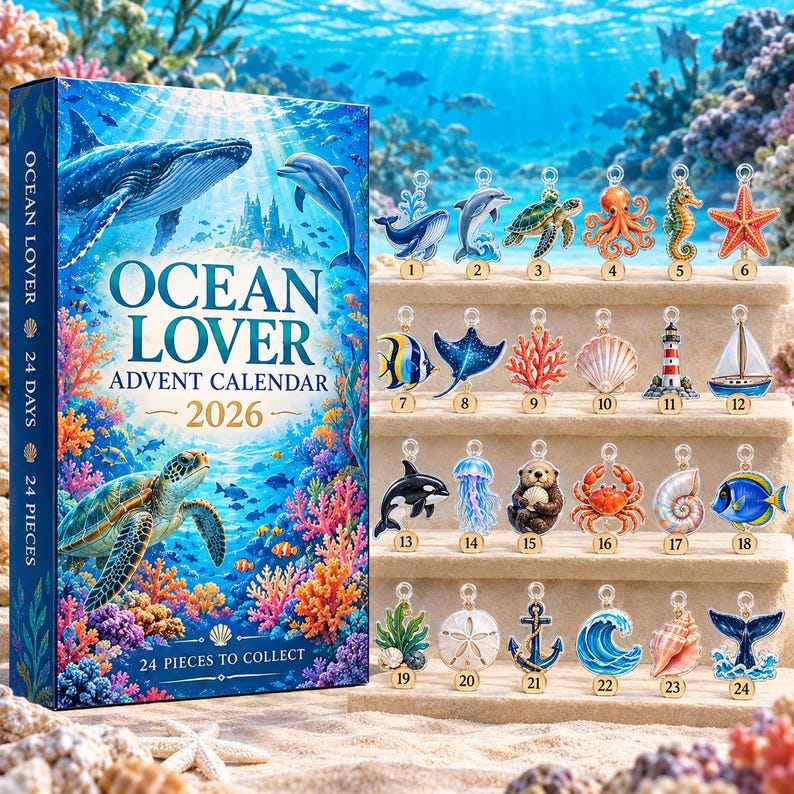 Ocean Lover Advent Calendar 2026, 24 Acrylic Hanging Tokens, Sea Life Countdown Gift, Coastal Holiday Decor