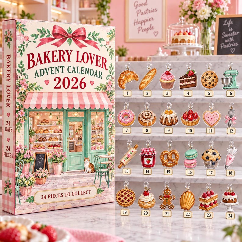 Bakery Lover Advent Calendar 2026, 24 Acrylic Hanging Tokens, Baker Countdown Gift, Sweet Holiday Kitchen Decor
