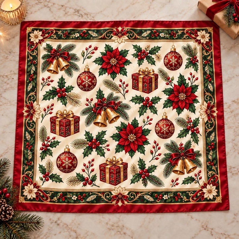 Vintage Christmas Scarf, Red Silk Feel Holiday Bandana with Poinsettia & Holly, Retro Christmas Hair Wrap, Festive Neck Scarf Gift