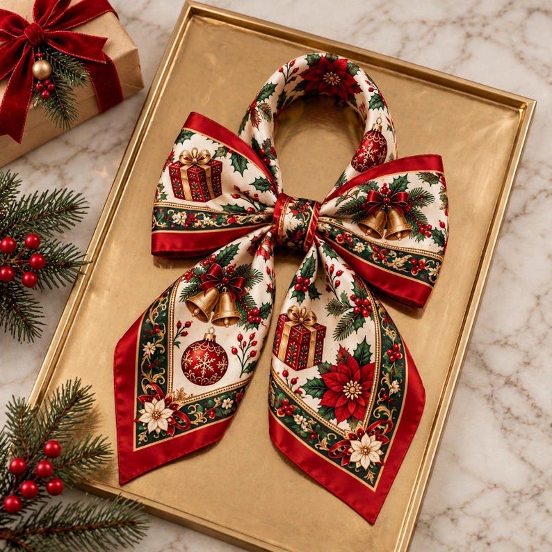 Vintage Christmas Scarf, Red Silk Feel Holiday Bandana with Poinsettia & Holly, Retro Christmas Hair Wrap, Festive Neck Scarf Gift