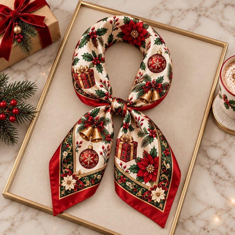 Vintage Christmas Scarf, Red Silk Feel Holiday Bandana with Poinsettia & Holly, Retro Christmas Hair Wrap, Festive Neck Scarf Gift