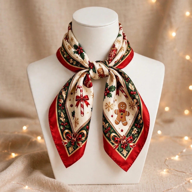 Vintage Christmas Scarf, Red Satin Bandana, Gingerbread Hair Wrap, Retro Holiday Neck Scarf, Festive Holly Candy Cane Kerchief