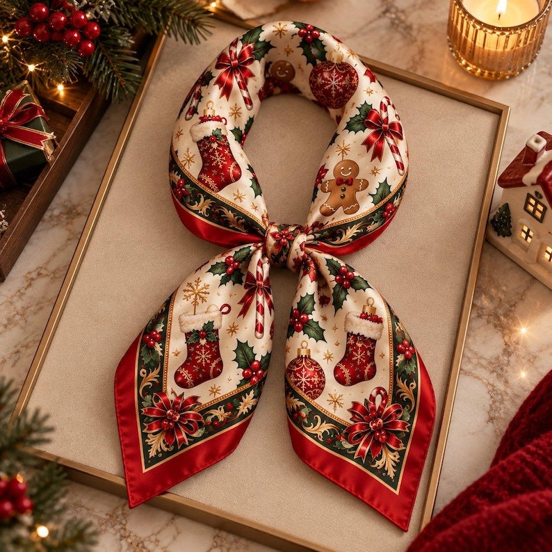 Vintage Christmas Scarf, Red Satin Bandana, Gingerbread Hair Wrap, Retro Holiday Neck Scarf, Festive Holly Candy Cane Kerchief