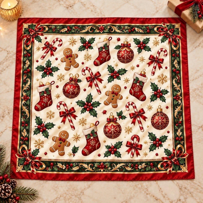 Vintage Christmas Scarf, Red Satin Bandana, Gingerbread Hair Wrap, Retro Holiday Neck Scarf, Festive Holly Candy Cane Kerchief