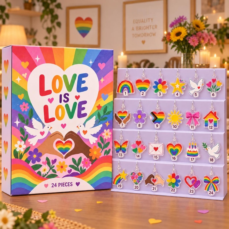 Love Is Love Advent Calendar, 24 Acrylic Hanging Tokens, LGBTQ Christmas Gift, Pride Couple Countdown, Rainbow Decor