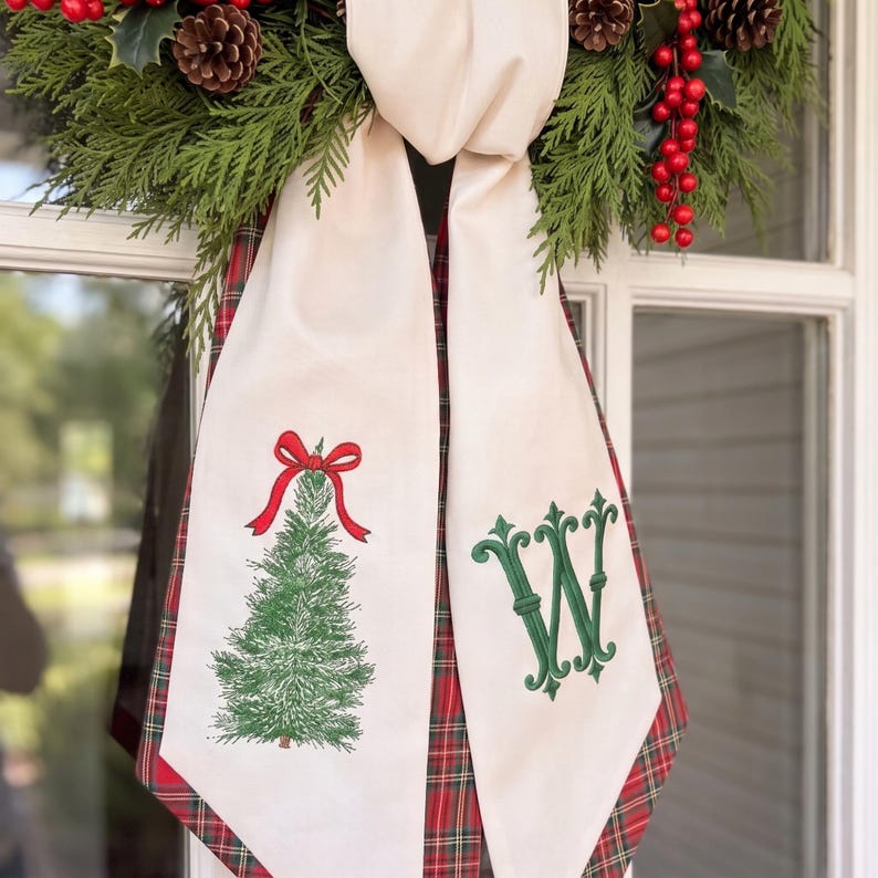 Monogrammed Christmas Wreath Sash, Embroidered Christmas Tree Front Door Sash, Custom Initial Holiday Decor
