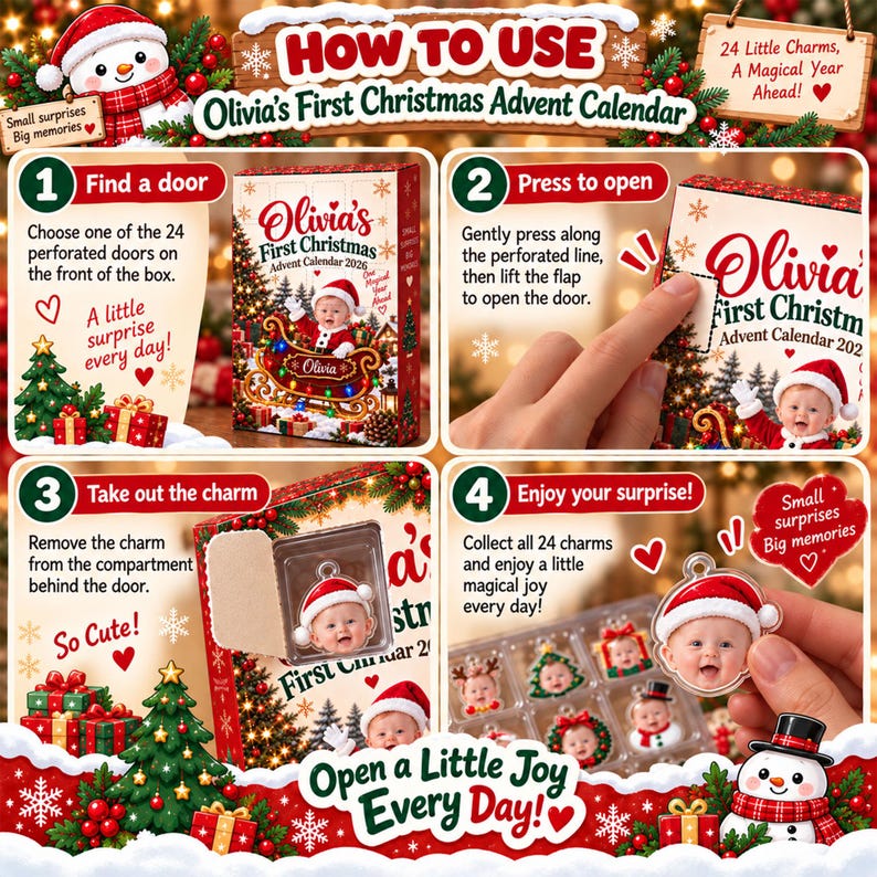 Personalized Baby First Christmas Advent Calendar, Custom Face Photo & Name Ornaments