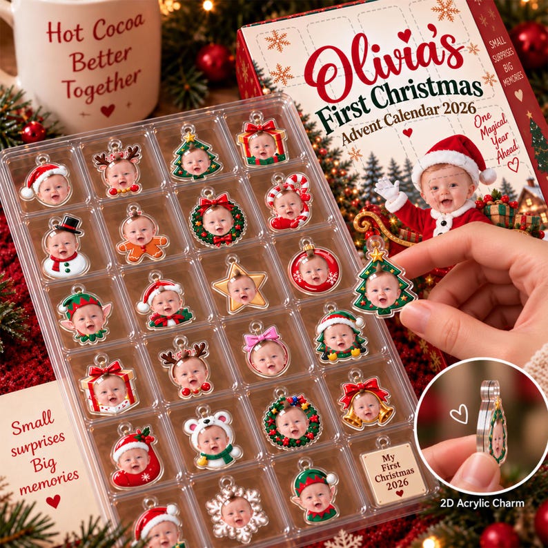 Personalized Baby First Christmas Advent Calendar, Custom Face Photo & Name Ornaments