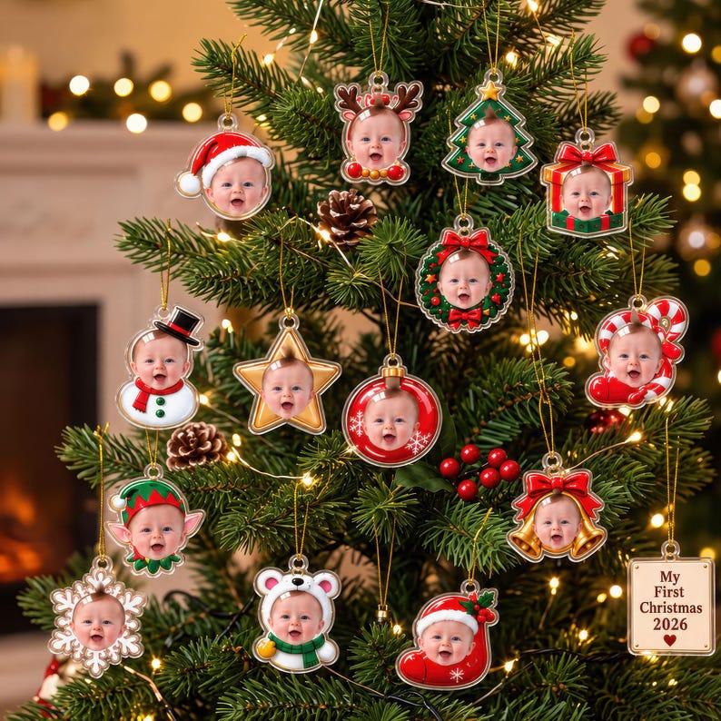 Personalized Baby First Christmas Advent Calendar, Custom Face Photo & Name Ornaments